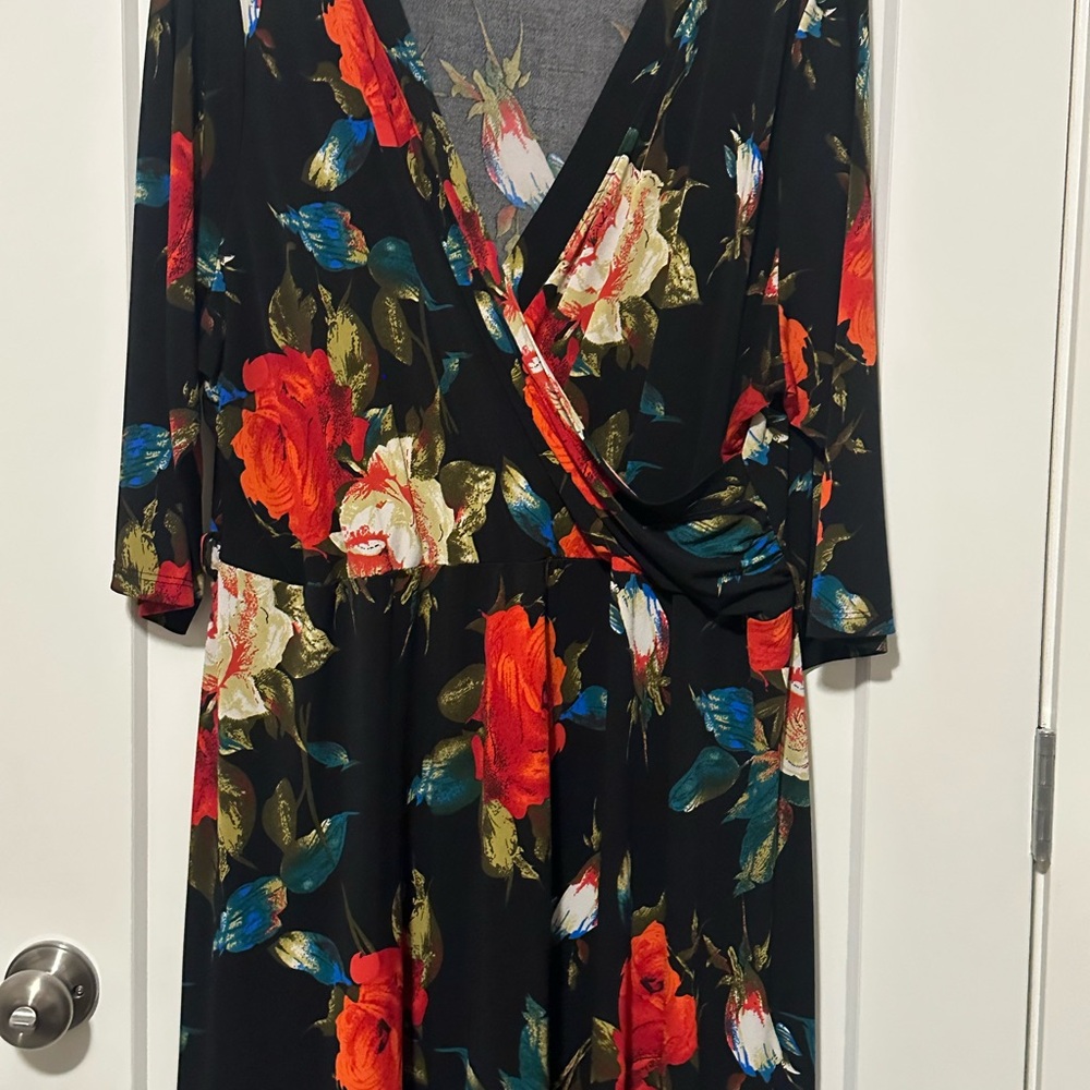 Floral Wrap Dress - Black with Red and Blue Accents